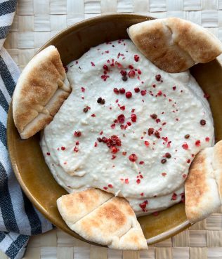 Taramosalata with Blanched Almonds, Tortilla Wraps and Pink Peppercorns