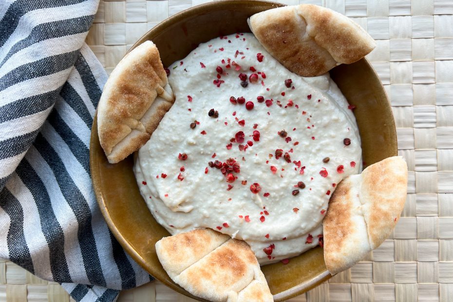 Taramosalata with Blanched Almonds, Tortilla Wraps and Pink Peppercorns