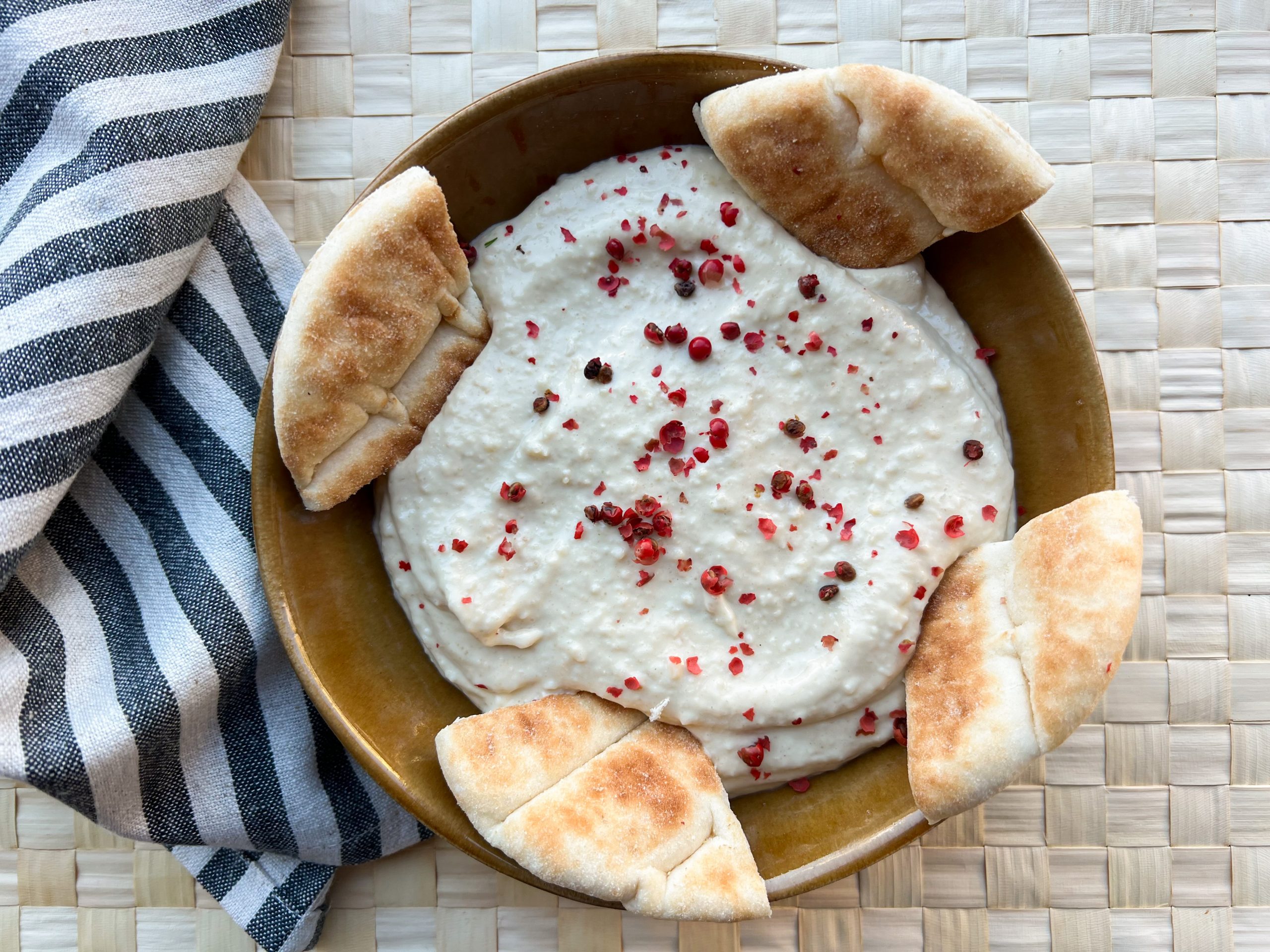 Taramosalata with Blanched Almonds, Tortilla Wraps and Pink Peppercorns