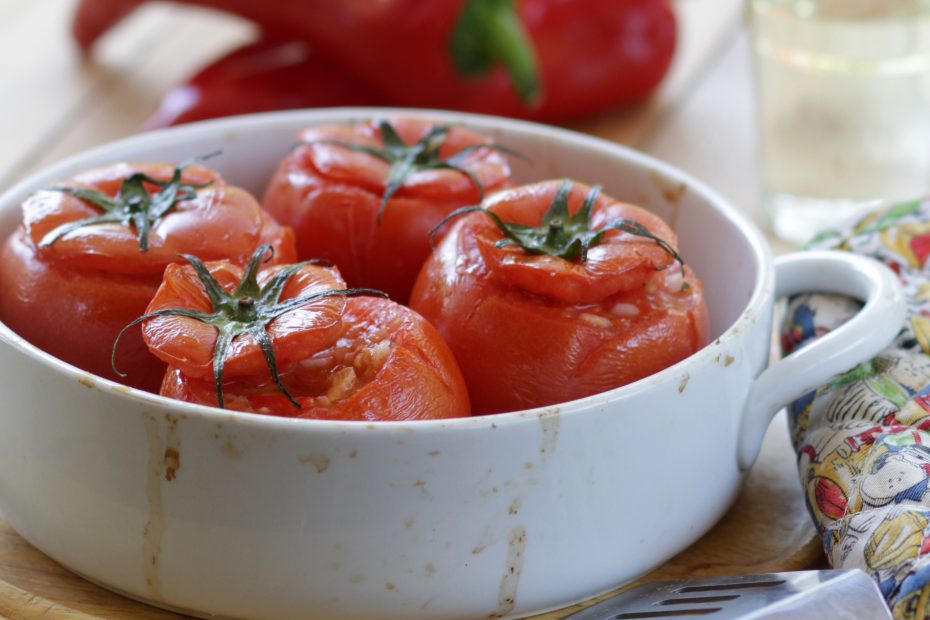 Recipe for Tomatoes Stuffed with Seafood by Diane Kochilas