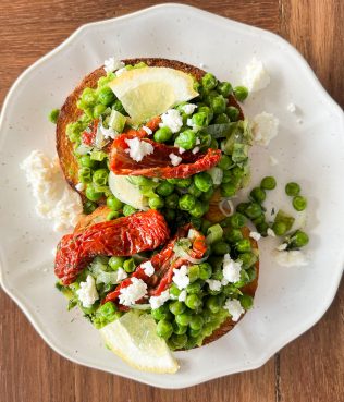 Fresh Pea Fava with Ouzo and Feta on Toast