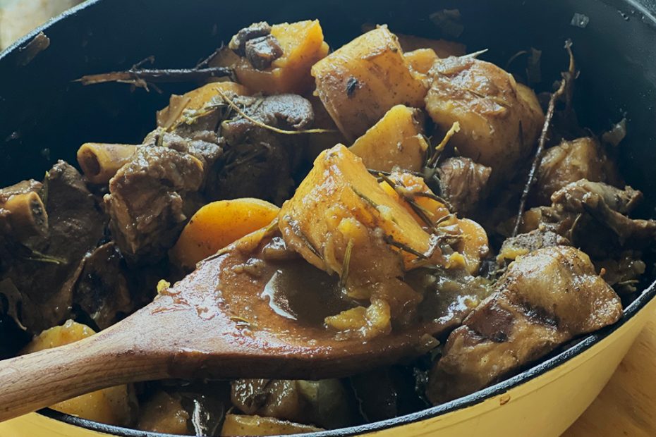 Lemony Braised Goat recipe by Diane Kochilas.