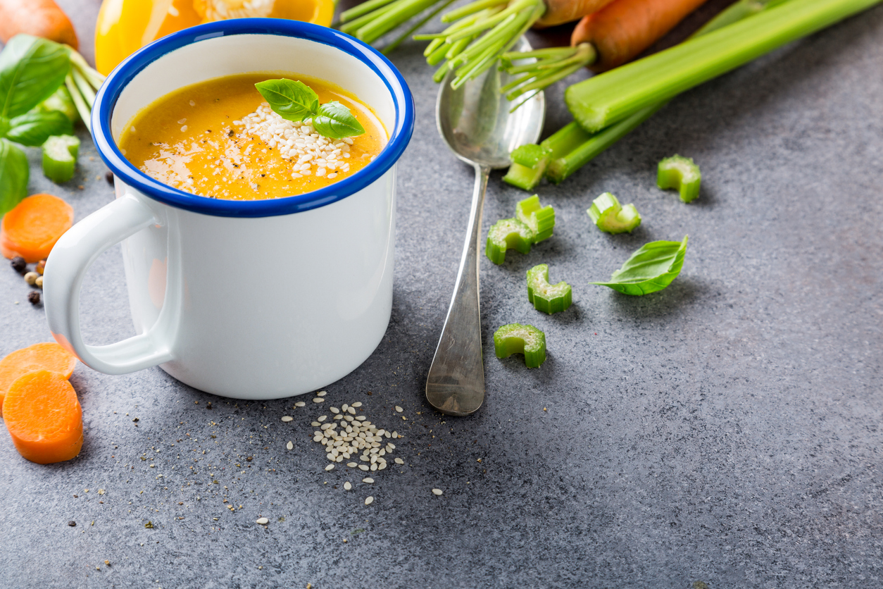 Greek recipe for carrot soup with honey and tahini.