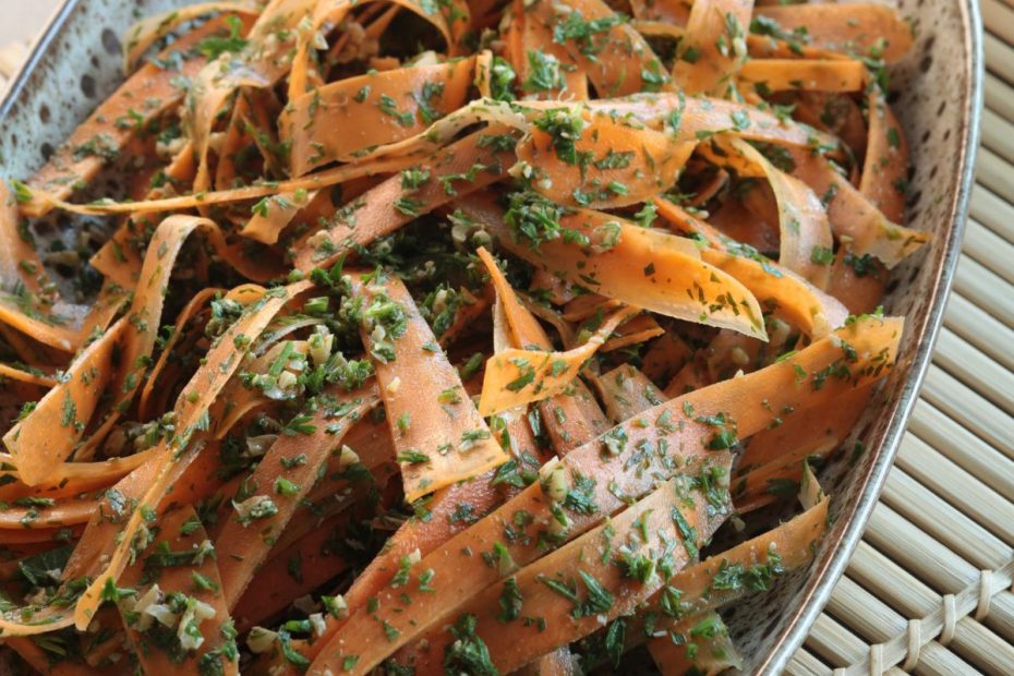 Recipe for a Carrot Salad with Carrot Greens, Mint and Walnuts from Diane Kochilas