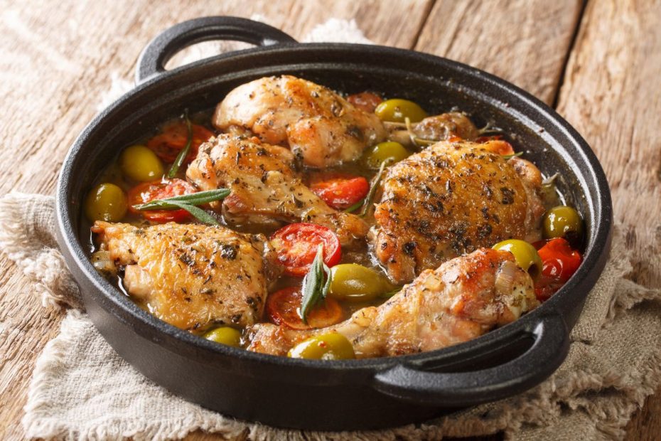 Greek Recipe for Chicken stew with feta cheese and green olives. By Greek chef Diane Kochilas.