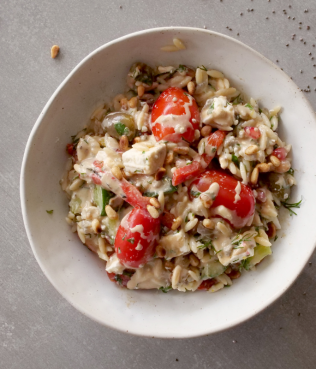 Greek Orzo Salad with Chia, Pomegranate & Miso-Tahini Dressing