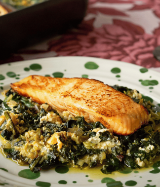 Honey Mustard Salmon, Baked over Spinach and Greek Feta