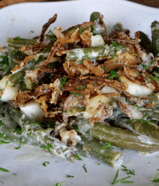 Greek Green Bean Casserole with Halloumi & Crispy Onions