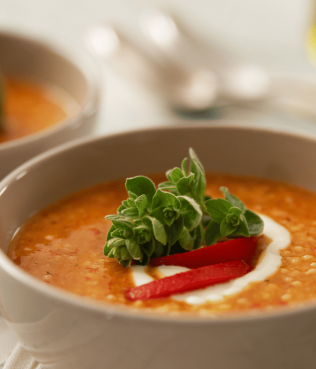 Trahana Soup with Greek Yogurt & Roasted Red Peppers