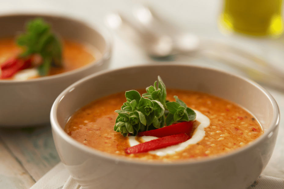 Trahana Soup with Greek Yogurt & Roasted Red Peppers
