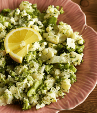 Broccoli and Cauliflower Salad with Feta and Lemon-Dill Dressing