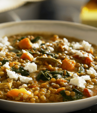 Lentil–Sweet Potato Soup with Spinach and Sage