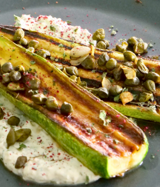 Dirty Zucchini - Charred Greek Zucchini with Walnut-Garlic Yogurt & Crispy Herbs