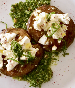 Grill-Pan Portobello Steaks with Melted Feta & Ikarian Green Herb Pesto Grill-Pan Portobello Steaks with Melted Feta & Ikarian Green Herb Pesto