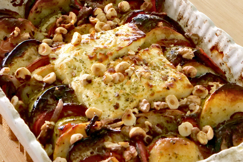 Ladolemono Briam with Melted Feta and Toasted Walnuts