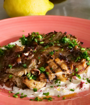 Greek Pressed Oyster Mushrooms with Ladolemono & Greek Yogurt