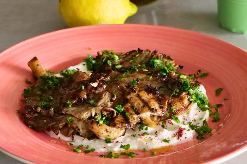 Greek Pressed Oyster Mushrooms with Ladolemono & Greek Yogurt