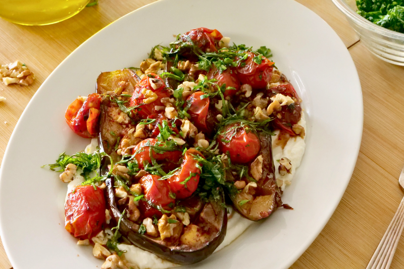 Ikarian Hot Honey Eggplant with Blistered Tomatoes, Walnuts & Yogurt