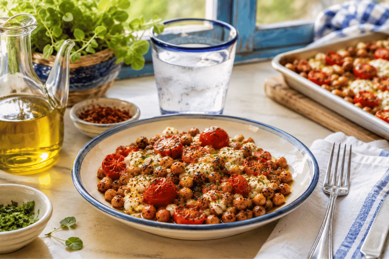 Honey Feta Chickpeas with Burst Tomatoes