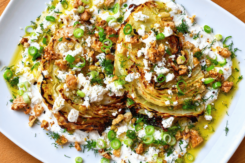 Crispy Roasted Cabbage with Lemony Greek Yogurt, Feta & Walnuts